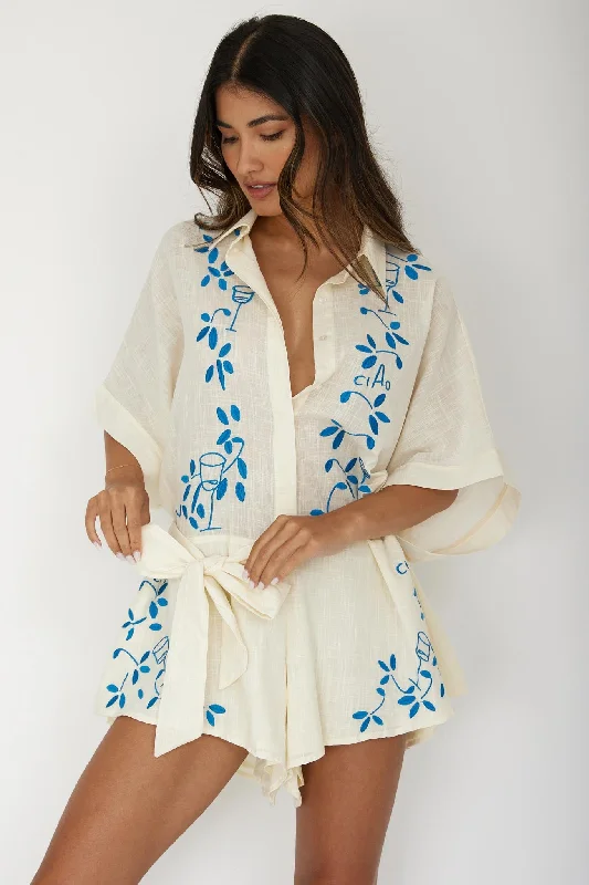 Women's Holiday Apparel You'Ll Love Us Because Daytona Beach Button-Up Romper Embroidered Beige