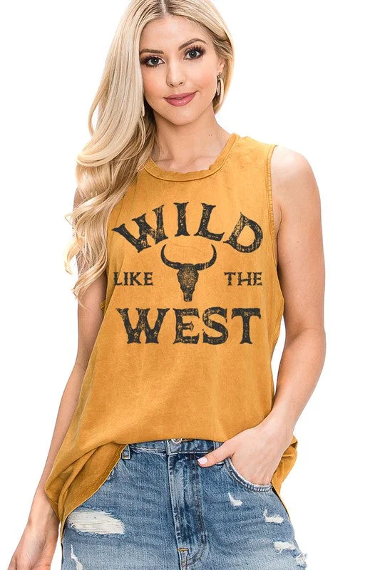 Women's Trendy Outfit Seasonal Fashion Mustard Yellow Wild Like The West Graphic Sleeveless Relaxed Fit Tank Top Shirt