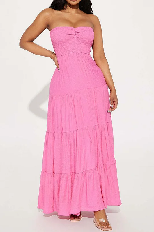 Women's Clothing For Outdoor Events Style Breakthroughs Solid Color Unique Tiered Ruffle Bandeau Strap Shirred Maxi Dress