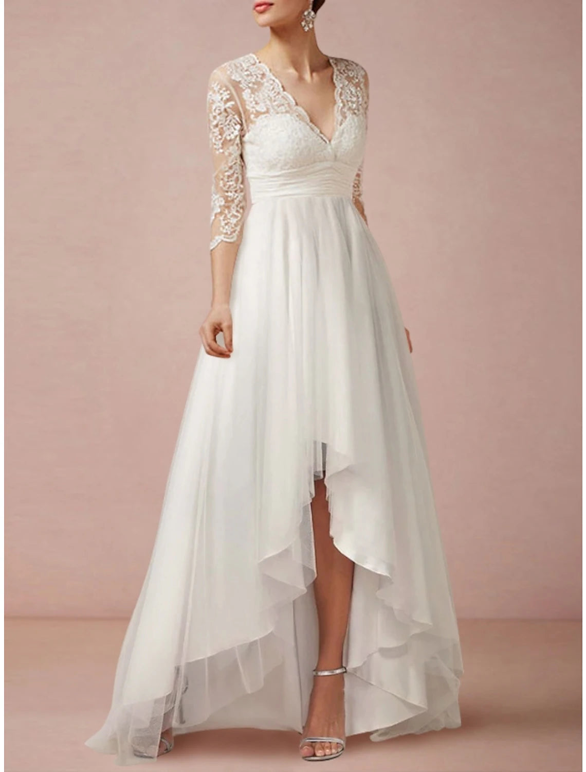 Women's Attire Style Breakthroughs Mature Wedding Dresses Sheath / Column V Neck 3/4 Length Sleeve Asymmetrical Chiffon Bridal Gowns With Pleats Ruched