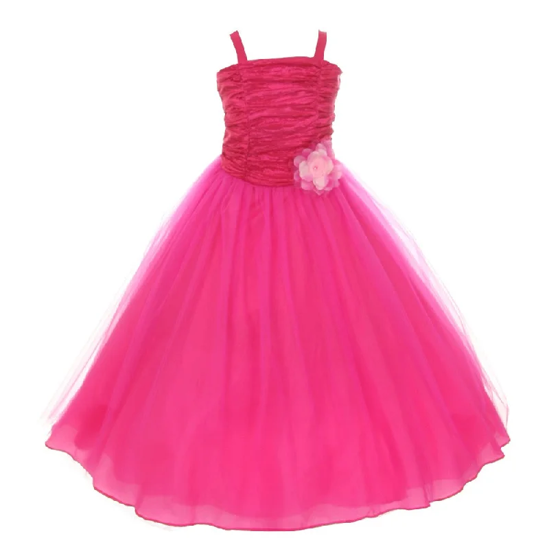 Women's Luxury Apparel You'Ll Love Us Because Big Girls Fuchsia Crinkled Bodice Floral Adorned Tulle Flower Girl Dress 8-16