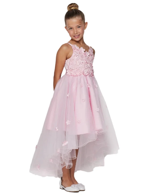 Women's Occasion Wear Apparel Chic And Trendy Big Girls Pink 3D Floral Appliques Satin Tulle Junior Bridesmaid Dress 8-12