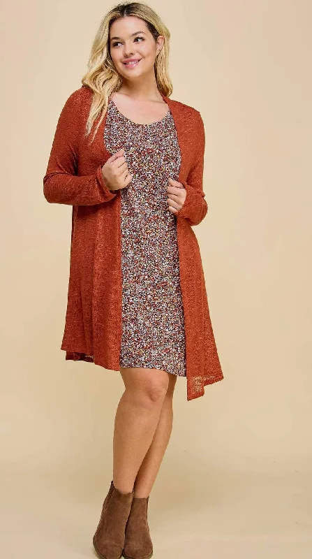 Women's Elegant Evening Outfit Elegant Styles Dress - A Line Floral Pattern Dress With Cardigan Set, Rust,  Also Plus Size