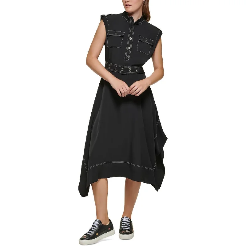 Women's Activewear Garments Chic Trends Unveiled Womens Handkerchief Hem High Neck Midi Dress