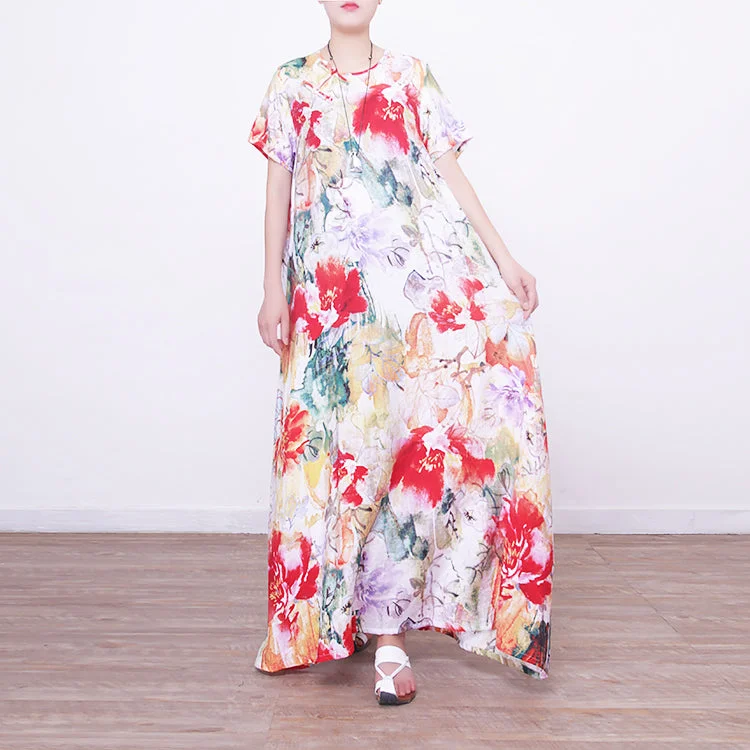 Women's Occasion Wear Clothes Fashion-Forward Outfits baggy prints long linen dresses casual oversized o neck linen gown boutique Chinese Button long dresses