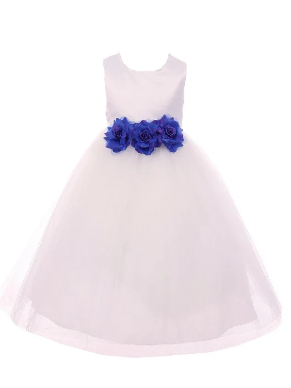 Women's Urban Clothing Best-Sellers Big Girls White Royal Blue Floral Satin Junior Bridesmaid Dress 8-14