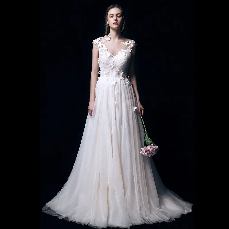 Women's Evening Attire Your Timeless Wardrobe Awaits Butterfly Appliqued Tulle A-Line Wedding Dress with Sheer Neck