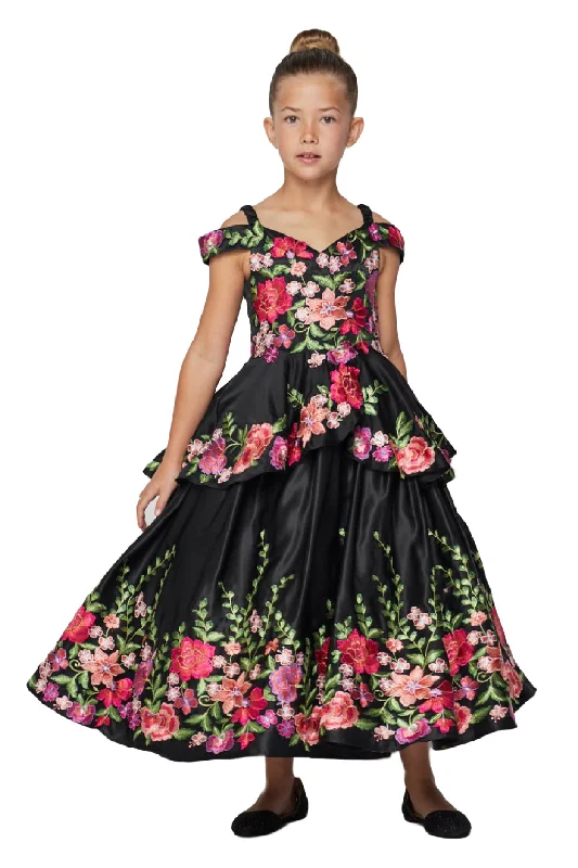 Women's Comfortable Clothes For Weekends Trendy Threads Big Girls Black Floral Embroidery Ball Gown 8-16