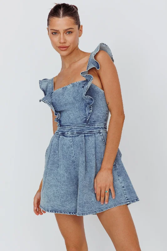 Casual Garments For Women Essentials On Sale Nola Flared Ruffle Romper Denim