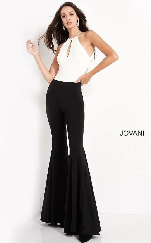 Women's Relaxed Outfit Style Upgrade Jovani M02807 Formal Halter Flared Jumpsuit