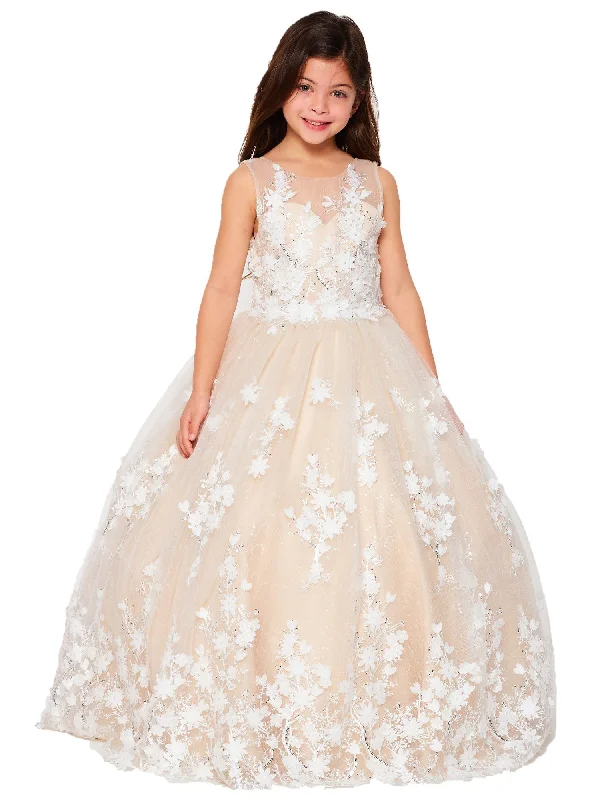 Affordable Women's Apparel Season Offer Big Girls Champagne 3D Floral Applique Lace Sequin Junior Bridesmaid Dress 8-16