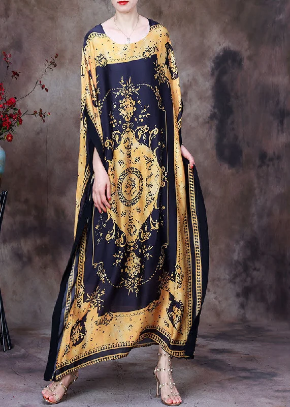 Women's Clothes For Work Quality Driven Apparel Yellow Print Silk Loose Long Dresses Gown Asymmetrical Design Batwing Sleeve