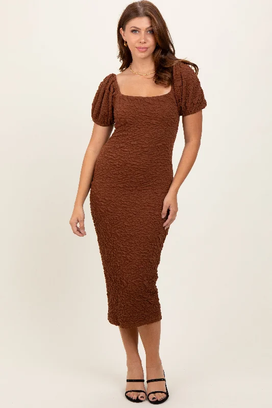 Casual Attire For Women Style Versatile Women's Collection Mocha Textured Square Neck Puff Sleeve Midi Dress