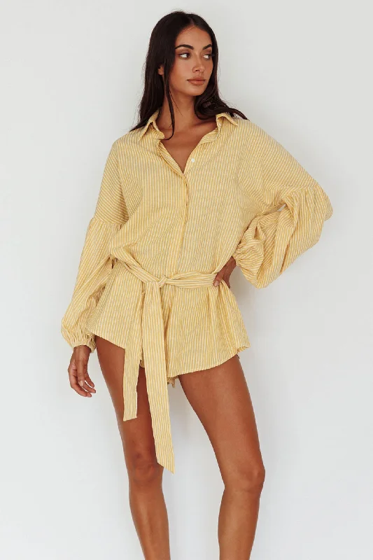 Women's Charming Outfit For Events Casual Chic Daytona Beach Long Sleeve Shirt Romper Yellow Stripe