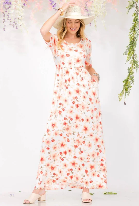 Fashionable Women's Outfit Urban Femme Streetwear Dress - Modest Easter Maxi, Ivory/Peach Florals, Also Plus Size