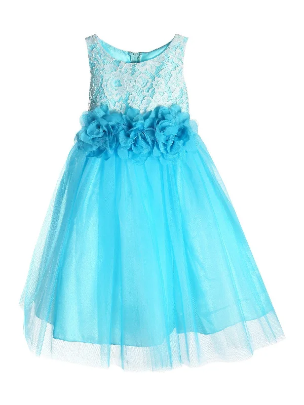 Timeless Women's Clothing Elegant Style Little Girls Aqua Floral Lace Illusion Tulle Flower Girl Dress 2-6