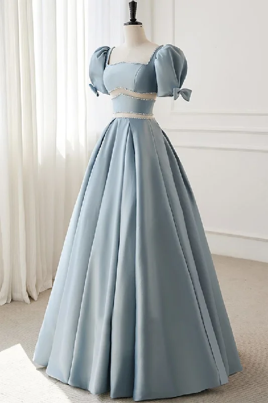 Women's Vintage-Inspired Clothing Elegant Clothing Blue Satin Beaded Long Prom Dress, Blue Short Sleeve Evening Dress    S6357