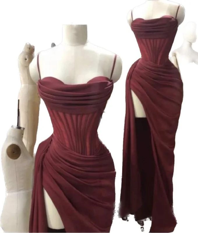 Comfortable Lounge Clothing Flowing Silhouette Burgundy Spaghetti Strap Sleeveless Long Split Prom Dress      S6460