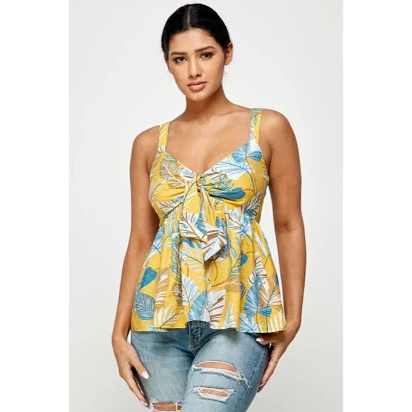 Women's Party Outfit Style Upgrade Honey Yellow Blue Tropical Floral Knotted Cami Babydoll Summer Vacation Tank Top