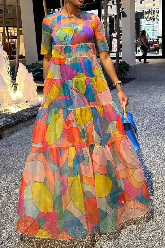 Women's Holiday Outfit Chic Wardrobe Essentials Graphic Print Colorful Tiered Ruffle Maxi Dress