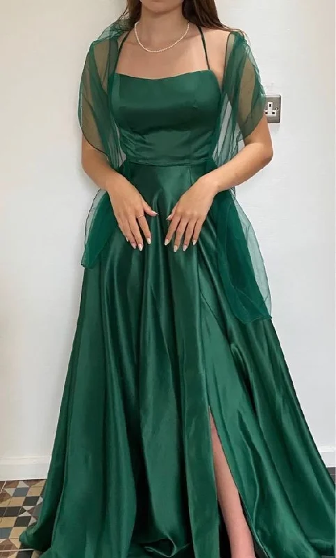 Women's Layered Outfit Floral Style Beautiful A line Green Long Satin Prom Dress      S6263