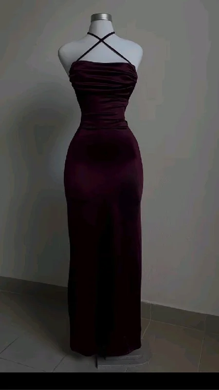 Women's Outfit For The Office Formal Outfit Burgundy Straps Open Back Sheath Satin Long Party Dress         S6241