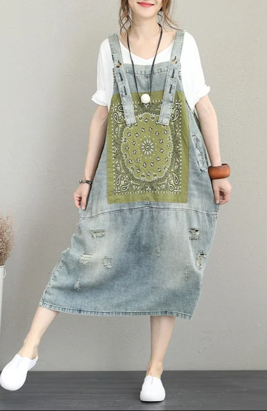 Women's Clothes And Apparel Trendsetter's Closet boutique denim light blue natural cotton dress oversize sleeveless gown vintage patchwork prints dresses