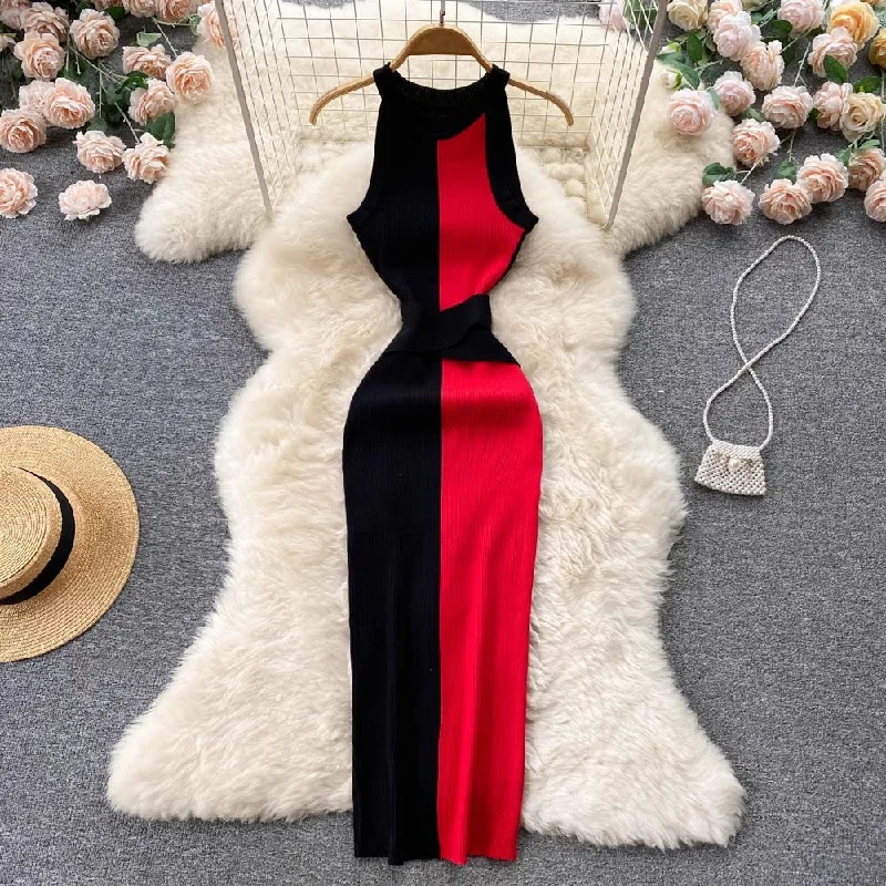 Formal Garments For Women Unleash Your Fashion Long Round Neck Sleeveless Dress Tight Knitted Skirt     S4599