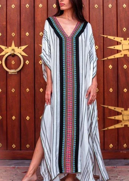 Women's Fashion-Forward Apparel Fashion Forward Femininity Loose White Striped Patchwork Beach Gown Holiday Cotton Dress