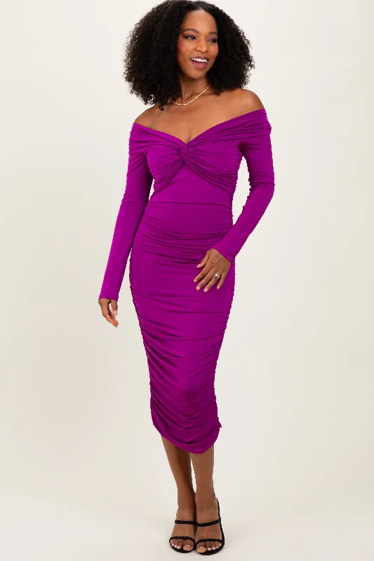 Women's Travel Outfit Set Snag Fabulous Fashion Bargains Purple Off Shoulder Ruched Long Sleeve Midi Dress