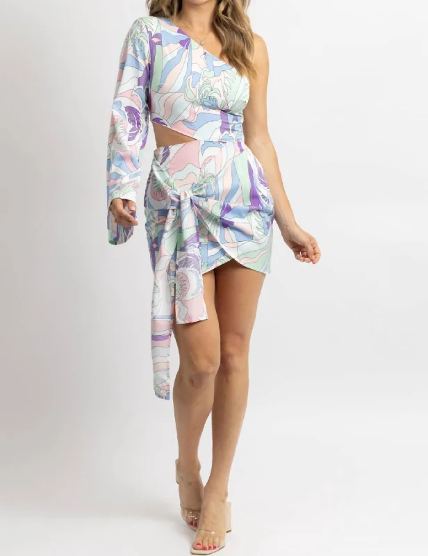 Women's Vacation Garments Special Offers One Sleeved Side-Tie Mini Dress In Pastel Print