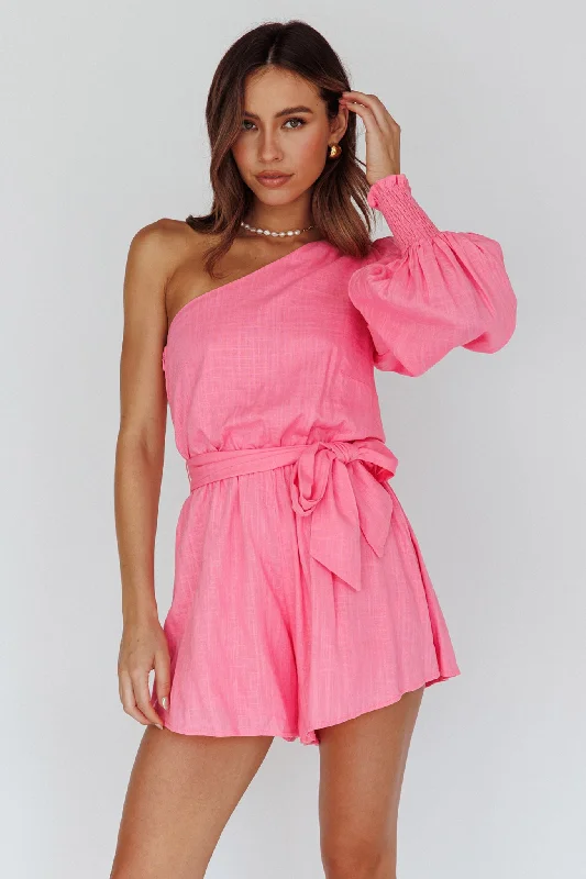 Women's Stylish Casual Garments Summer Deals Summer Lover One-Shoulder Long Sleeve Romper Pink