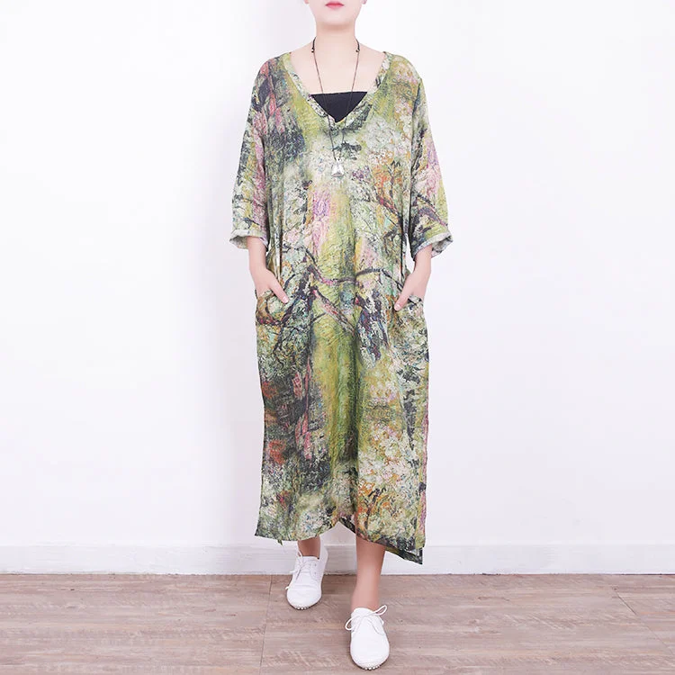 Women's Elegant Clothing Sets Limited-Time Offer baggy green linen maxi dress plus size v neck gown vintage side open caftans