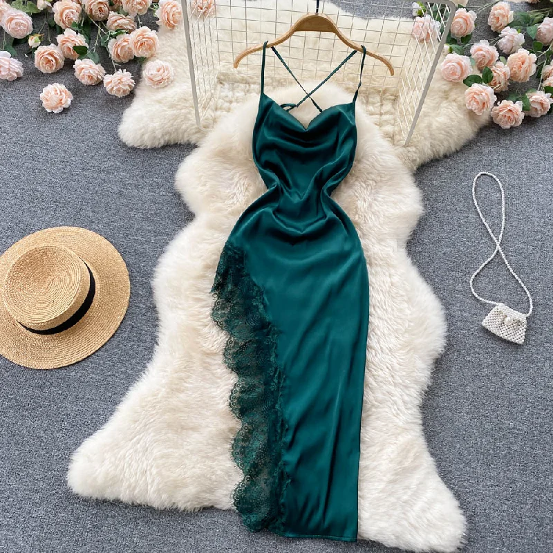 Timeless Women's Clothing Chic & Cozy Apparel Satin Lace Slit Irregular Dress      S4383