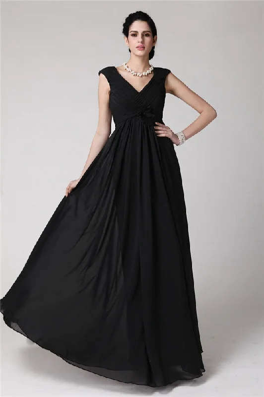 Timeless Women's Clothes Bold Fashion Sheath/Column V-neck Sleeveless Pleats Long Chiffon Dresses