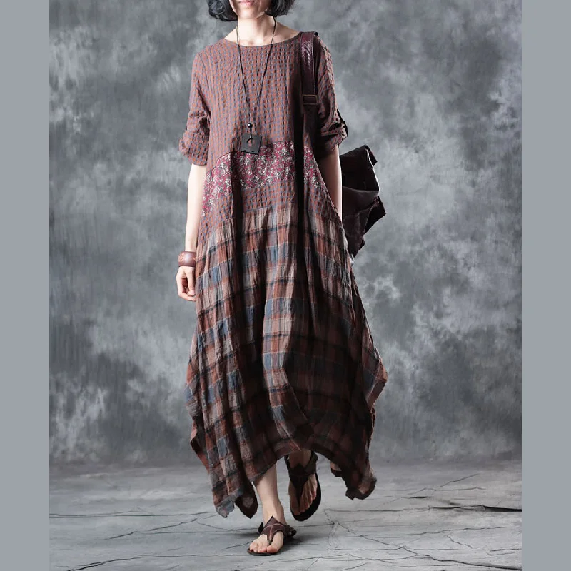 Women's Everyday Apparel Trend Driven Wardrobe Fine chocolate linen maxi dress oversize o neck plaid grid patchwork linen gown 2018 half sleeve pockets caftans