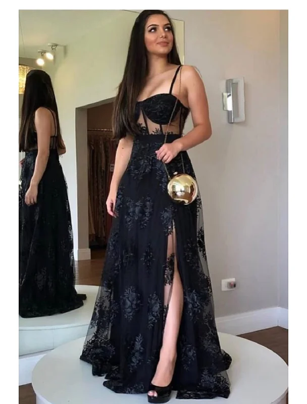 Casual Garments For Women Dive Into Trendy Styles A-Line Prom Dresses Cut Out Dress Party Wear Floor Length Sleeveless Sweetheart Wednesday Addams Family Lace Backless with Slit Appliques