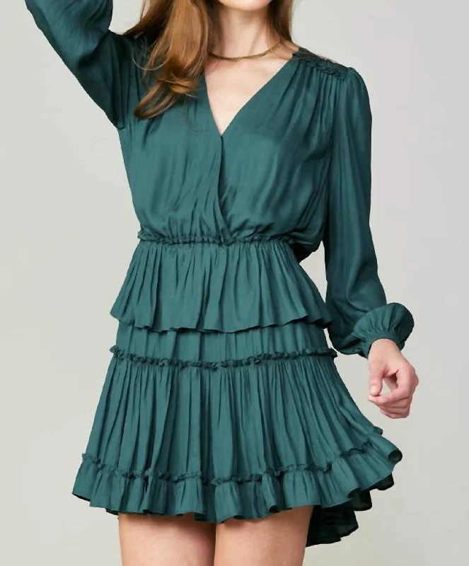 Women's Timeless Attire Brand Name Clothing Discount Extravaganza Long Sleeve Tiered Mini Dress In Dark Teal