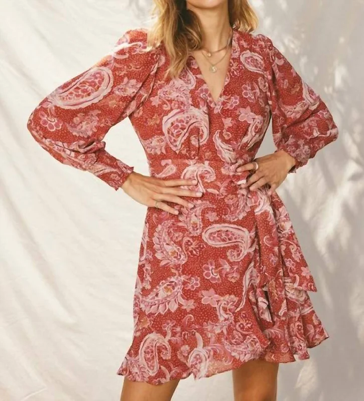 Comfortable Women's Attire Shop Sales The Adobe Paisley Print Wrap Mini Dress In Rose