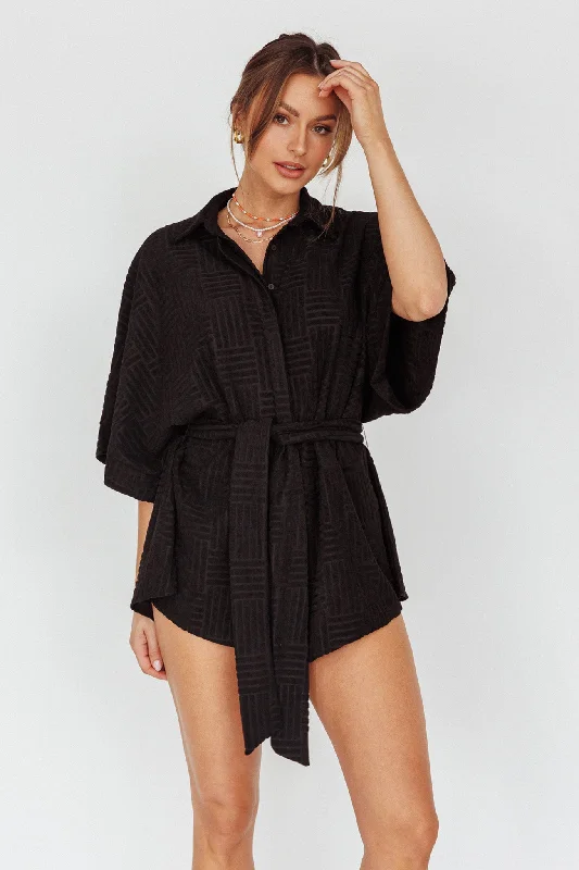 Women's Trendy Activewear Apparel Bid Farewell To The Old Season Daytona Beach Button-Up Romper Textured Black