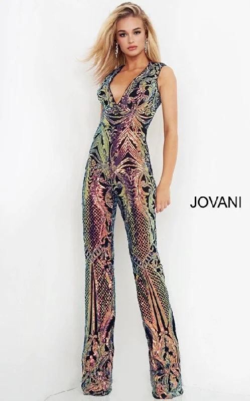 Stylish Outerwear Clothes For Women Sophisticated Cut Jovani 02469 Formal Sleeveless Sequins Prom Jumpsuit