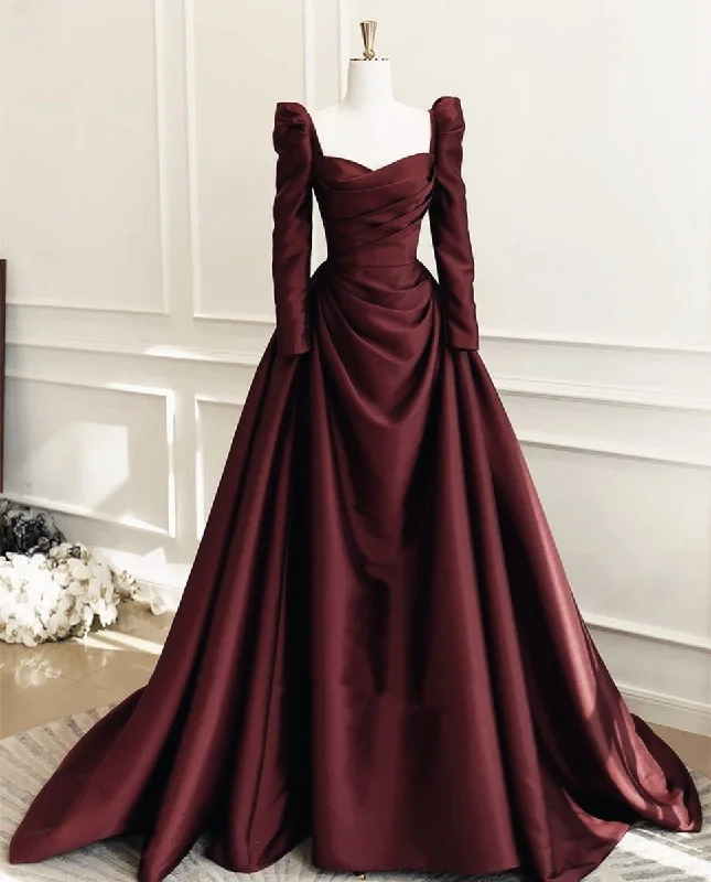 Women's Holiday Clothing Best-Sellers A line Long Sleeves Satin Long Prom Dress       S6507