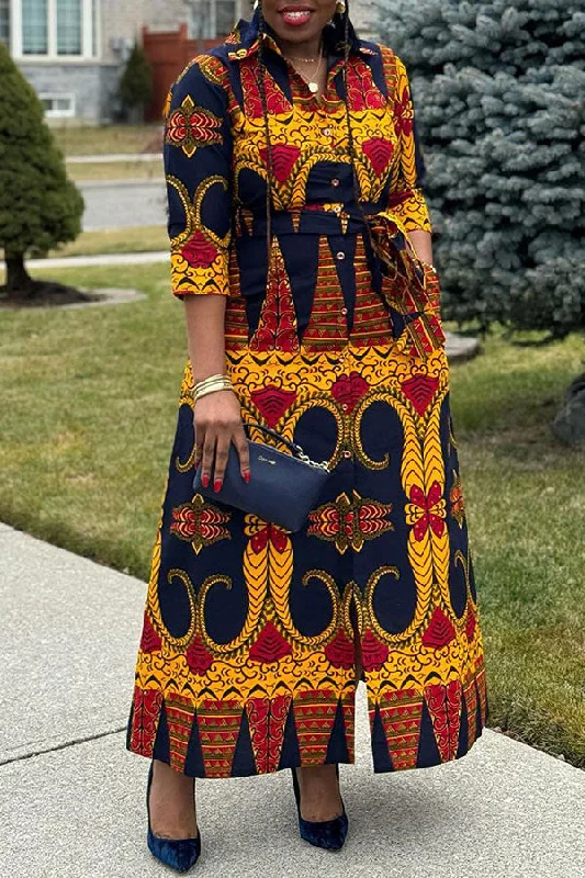 Women's Holiday Clothes Limited Stock, Big Discounts Tribal Print Casual Single Breasted Belted Maxi Dress