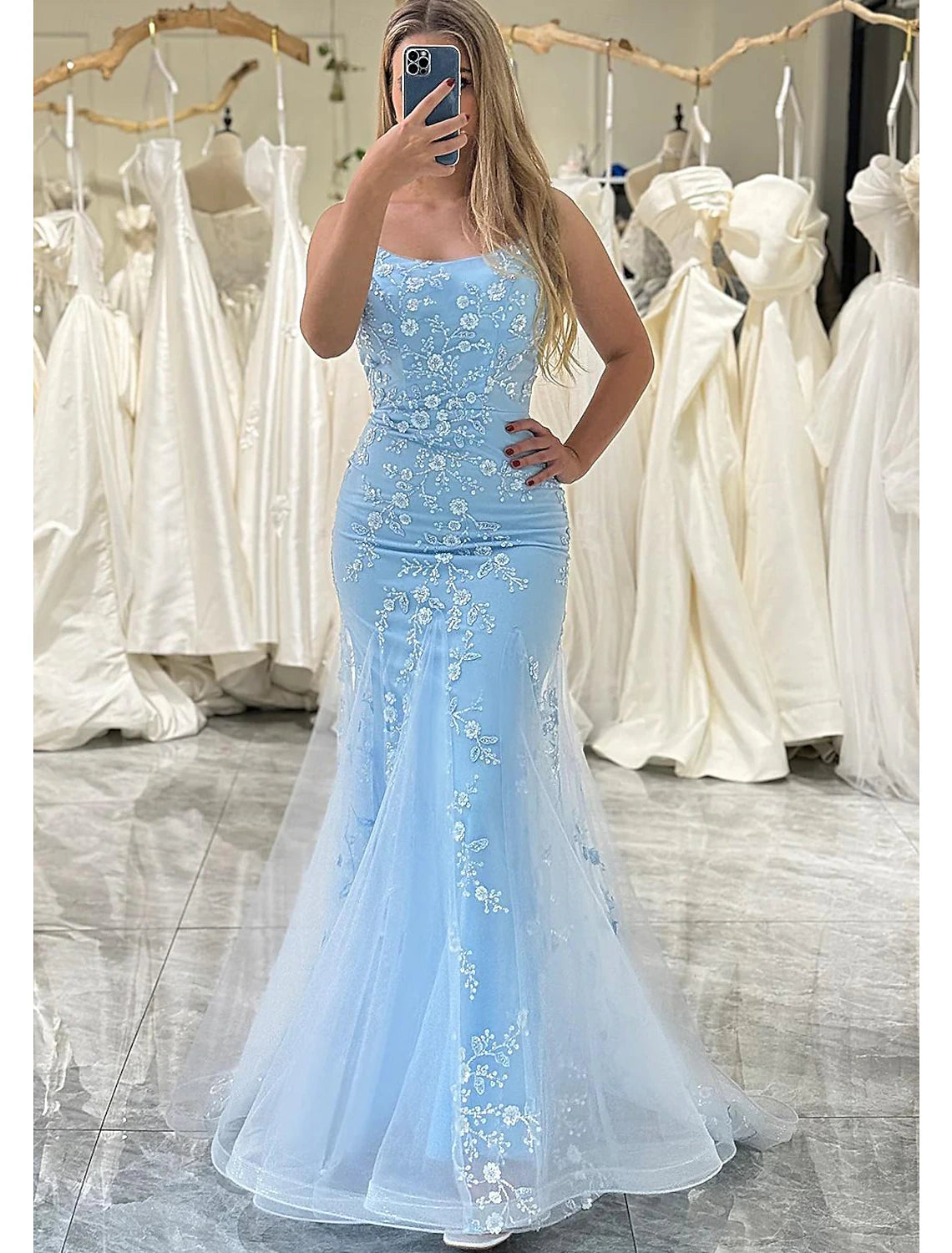 Women's Formal Event Attire Chic And Edgy Mermaid / Trumpet Prom Dresses Elegant Dress Formal Floor Length Sleeveless Spaghetti Strap Tulle with Sequin Appliques