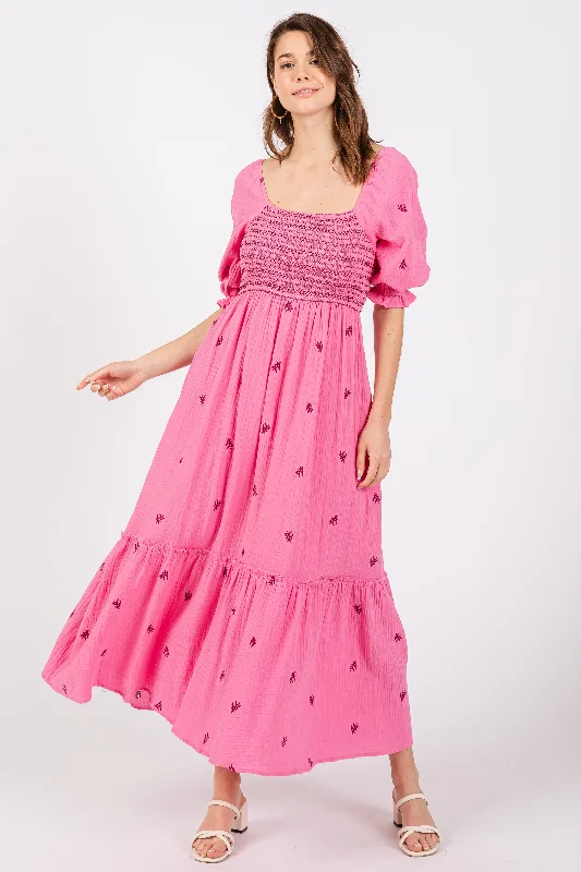 Stylish Women's Attire Trendy Street Style Attire Pink Gauze Smocked Embroidered Square Neck Midi Dress