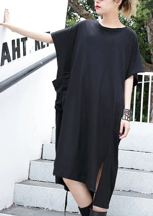 Women's Casual Apparel For Weekends Innovate Your Wardrobe women black cotton dress plus size clothing big pockets cotton gown Elegant side open kaftans