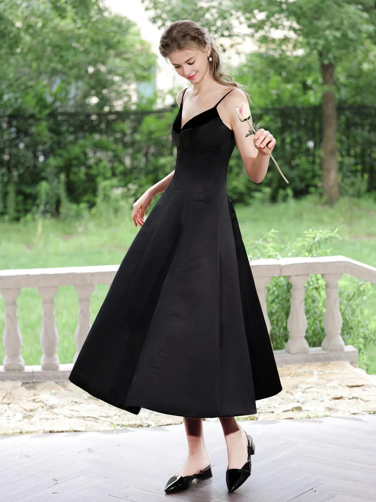 Women's Functional Apparel For Outdoor Activities Style Revolution Amzcw A-Line V Neck Tea Length Satin Black Prom Dress Black Formal Dress prom dress in store