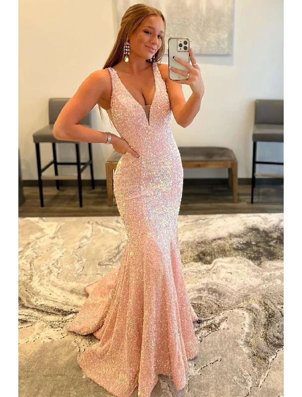 Women's Plus-Size Attire All Season Fashion Collection Mermaid / Trumpet Prom Dresses Sparkle & Shine Dress Formal Sweep / Brush Train Sleeveless V Neck Sequined Backless with Sequin