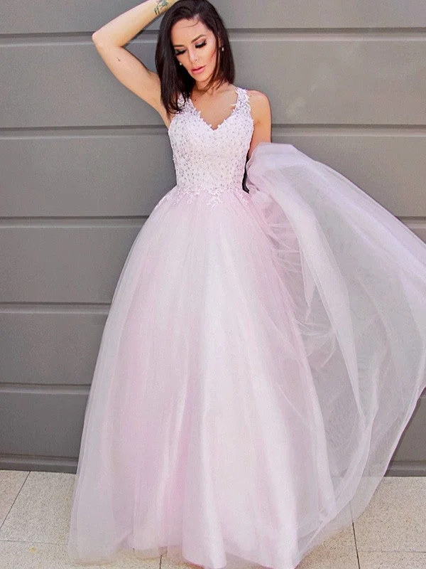 Women's Fashion-Forward Apparel Seasonal Sale A-Line/Princess V-neck Sleeveless Applique Tulle Floor-Length Dresses