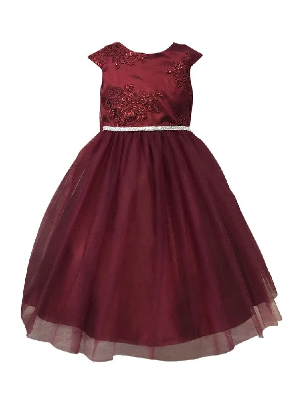 Women's Contemporary Apparel Exclusive Designer Collection Girls Burgundy Floral Glitter Mesh Christmas Dress 2-12